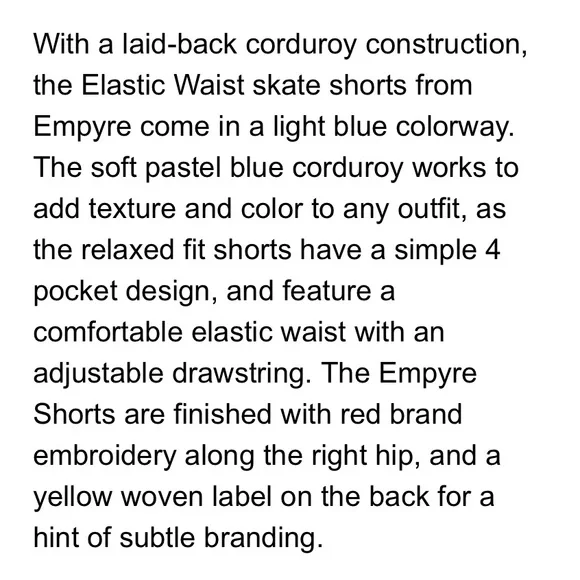 EMPYRE Skate Shorts in Pastel Blue Corduroy Drawstring Waist Men’s Size Large - Picture 11 of 11